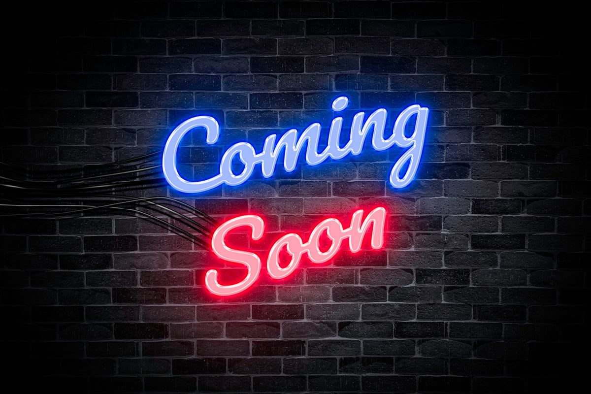 Coming soon text neon banner, light signboard.